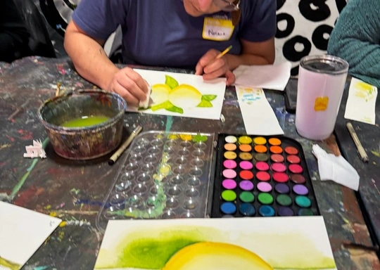 painting lemons with watercolors in our Open Studio Art Membership