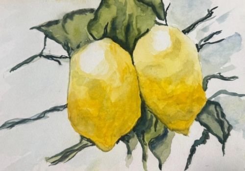 Bright watercolor lemon painting with soft blended shading and loose brushwork created during the Watercolor Lemons paint night workshop at the Artist Outpost in Ocean Beach.