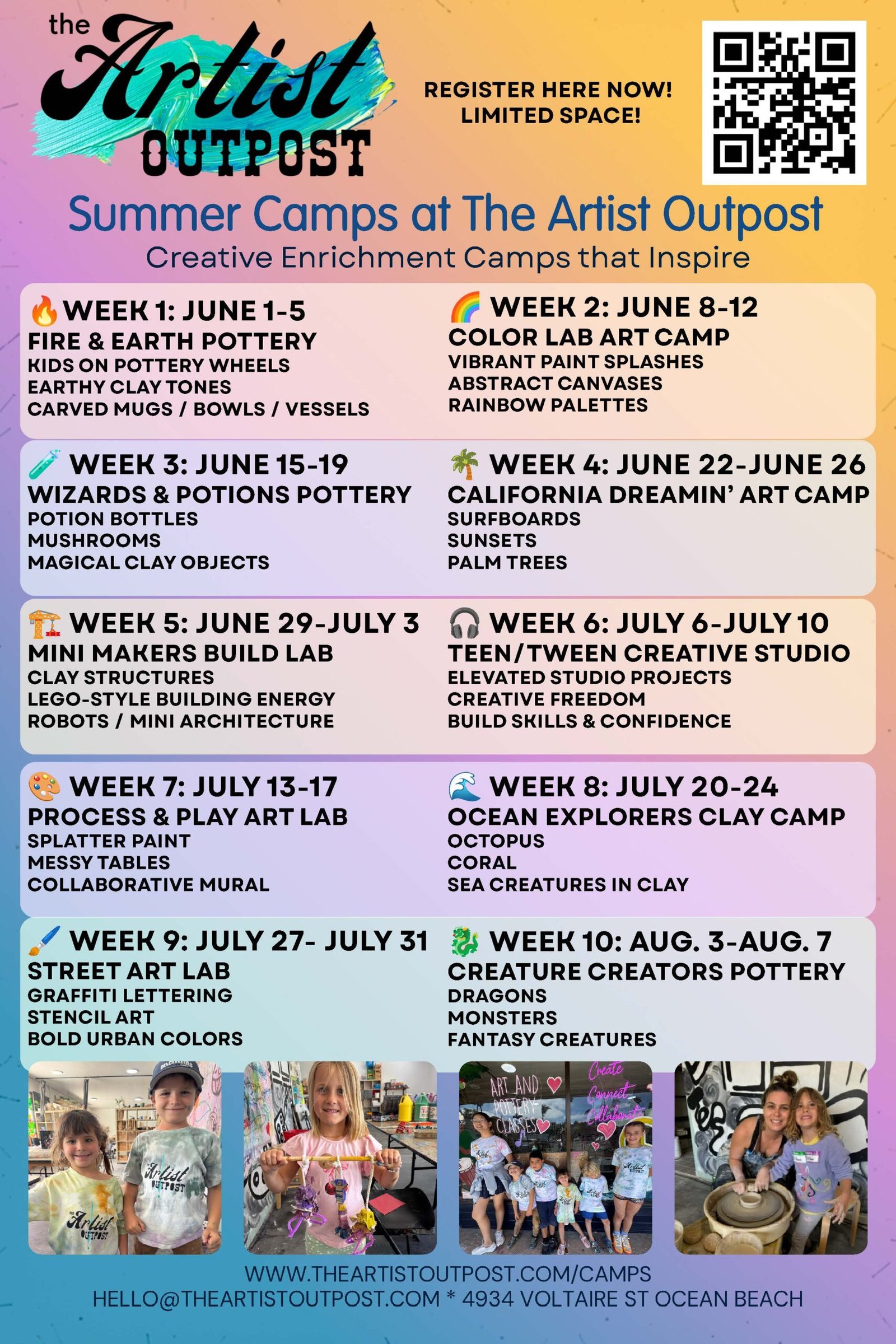 The Artist Outpost 2026 specialty summer art and pottery camp schedule