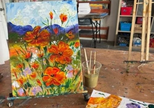California poppies acrylic painting for the Paint With Purpose painting workshop at The Artist Outpost in San Diego